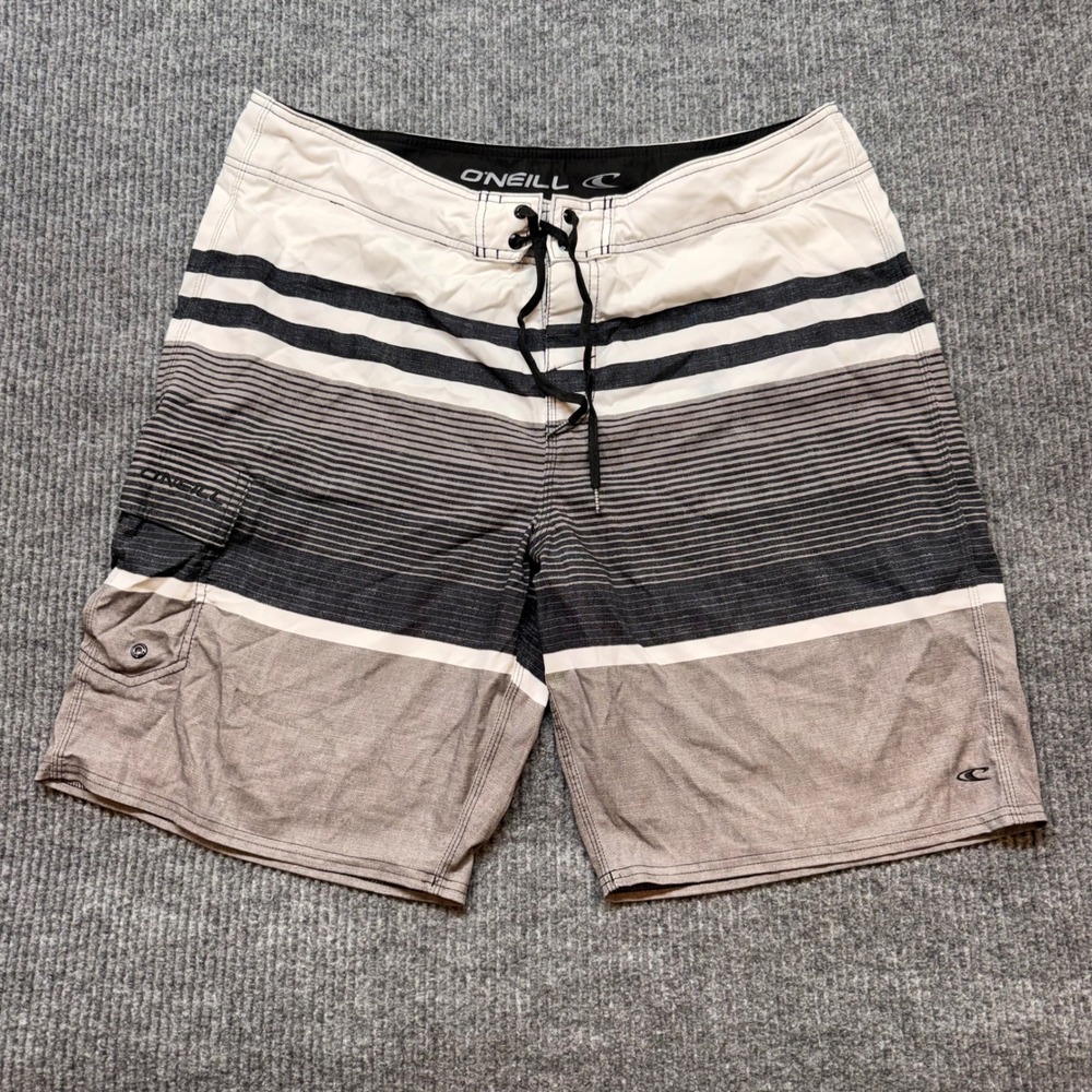 O'Neill Mens 38 Black White Gray Board Shorts Swim‎ Trunks Quick Dry Surf Beach